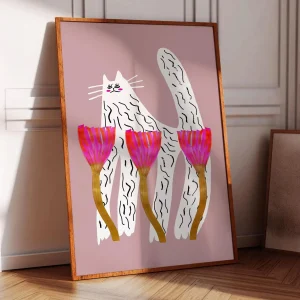 White Cat & Tulips Poster