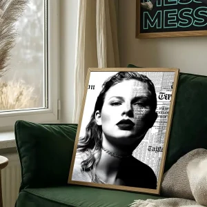 Taylor Swift "Newspaper Poet" Black & White Poster – Premium Wall Art Print